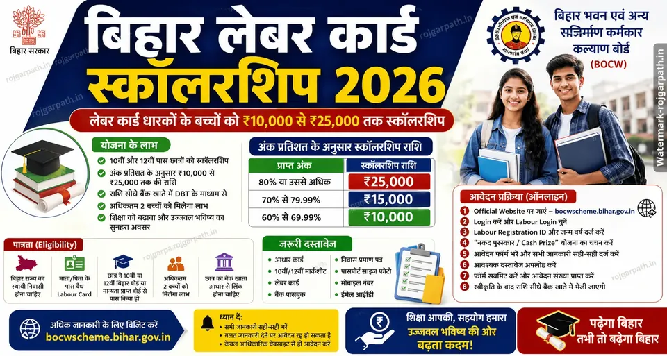 Bihar Labour Card Scholarship 2026: लेबर कार्ड धारकों के बच्चों को ₹10,000 से ₹25,000 तक स्कॉलरशिप, ऐसे करें आवेदन