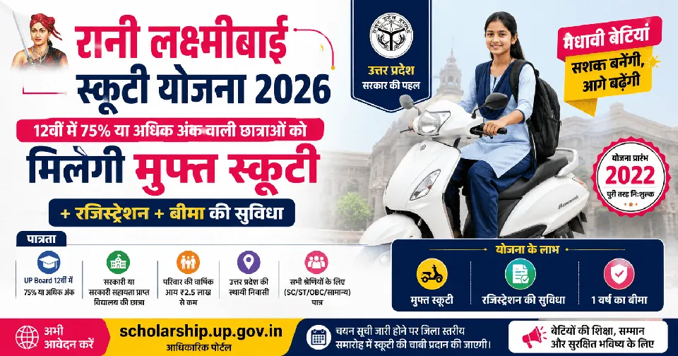 रानी लक्ष्मीबाई स्कूटी योजना यूपी 2026 — 12वीं मेधावी छात्राओं को मुफ्त स्कूटी