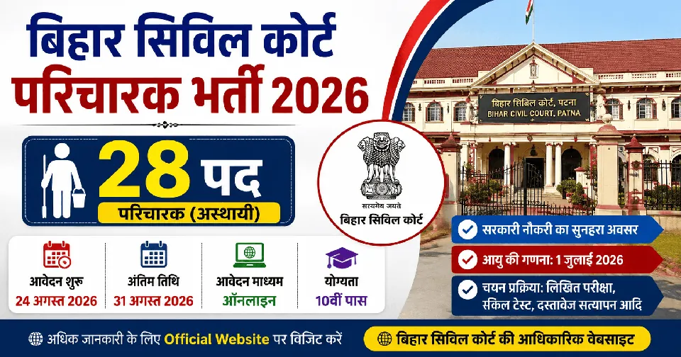 बिहार सिविल कोर्ट परिचारक भर्ती 2026 बिहार सिविल कोर्ट परिचारक भर्ती 2026: 10वीं पास के लिए 28 पद