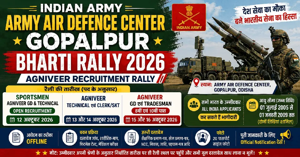 Army Air Defence Center Gopalpur Bharti Rally 2026: Agniveer GD, Technical, Clerk और Tradesman भर्ती