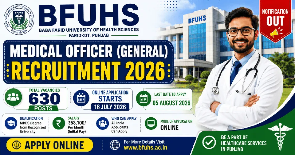 BFUHS Medical Officer (General) Recruitment 2026: 630 पदों पर भर्ती, ऑनलाइन आवेदन शुरू – पूरी जानकारी