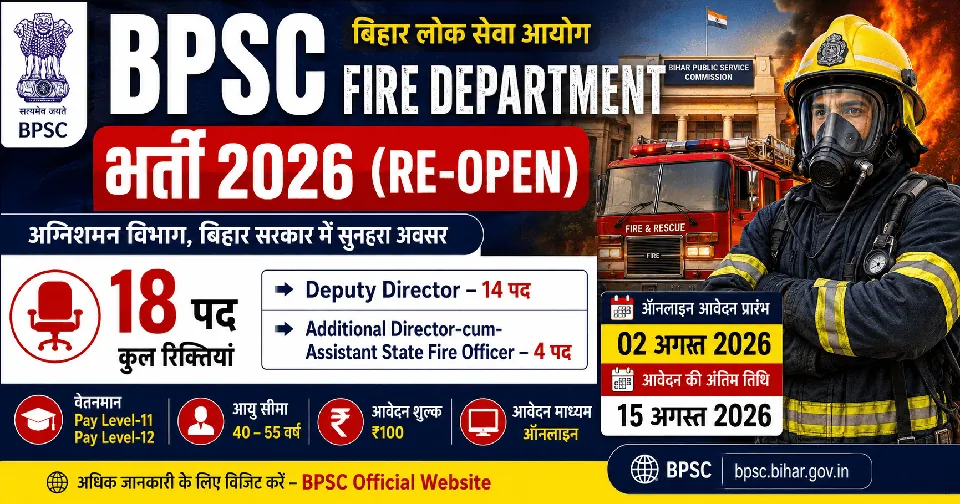 Bihar BPSC Fire Department Bharti 2026 (Re-Open): बिहार फायर विभाग में 18 पदों पर भर्ती, 2 अगस्त से आवेदन शुरू