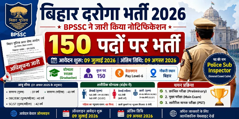 Bihar Daroga New Vacancy 2026: 150 पदों पर भर्ती का नोटिफिकेशन जारी, 09 जुलाई से आवेदन शुरू, जानें योग्यता, आयु सीमा और पूरी जानकारी