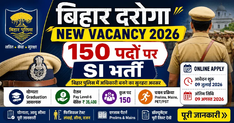 Bihar Daroga New Vacancy 2026: 150 पदों पर SI भर्ती, योग्यता, आयु सीमा, चयन प्रक्रिया और आवेदन की पूरी जानकारी