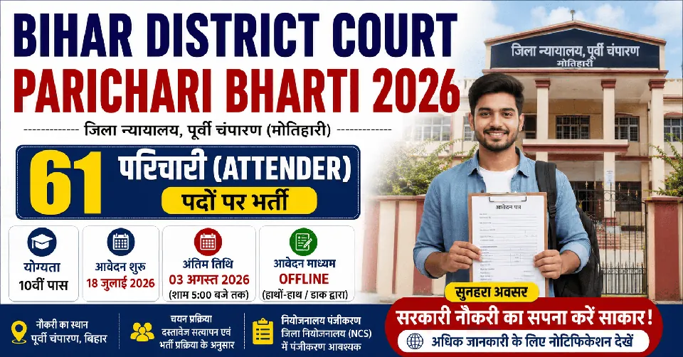 Bihar District Court Parichari Bharti 2026: पूर्वी चंपारण जिला कोर्ट में परिचारी के 61 पदों पर भर्ती, 10वीं पास उम्मीदवार ऑफलाइन करें आवेदन