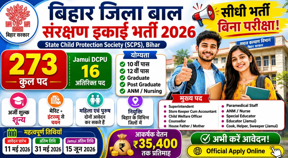 Bihar Jila Bal Sanrakshan Ikai Recruitment 2026: 273 पदों पर सीधी भर्ती, 10वीं/12वीं पास से लेकर ग्रेजुएट उम्मीदवारों के लिए सुनहरा अवसर