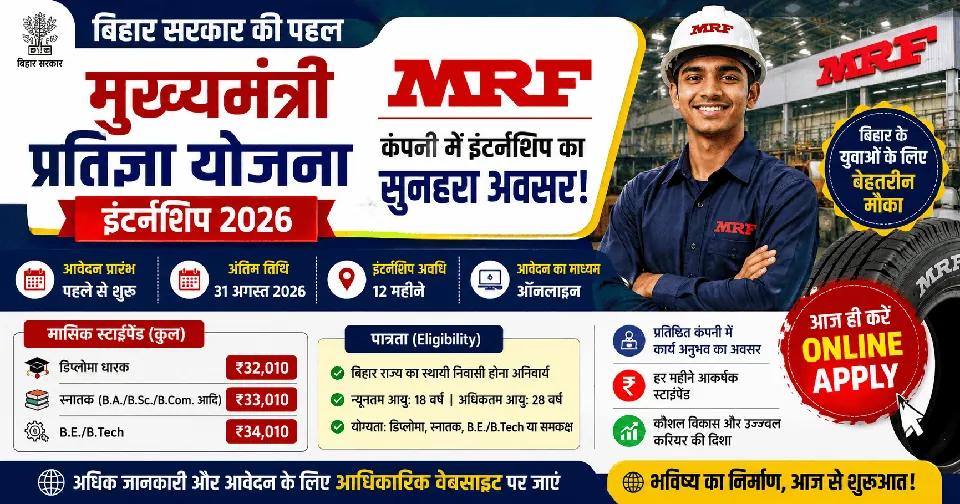 Bihar Mukhyamantri Pratigya Yojana Internship 2026: MRF कंपनी में इंटर्नशिप का सुनहरा अवसर, जानें आवेदन प्रक्रिया, पात्रता, स्टाइपेंड और पूरी जानकारी