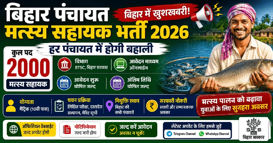Bihar Panchayat Matsya Sahayak Bharti 2026: बिहार में खुशखबरी, 2000 मत्स्य सहायक की नई भर्ती, हर पंचायत में होगी बहाली, जानें पूरी जानकारी