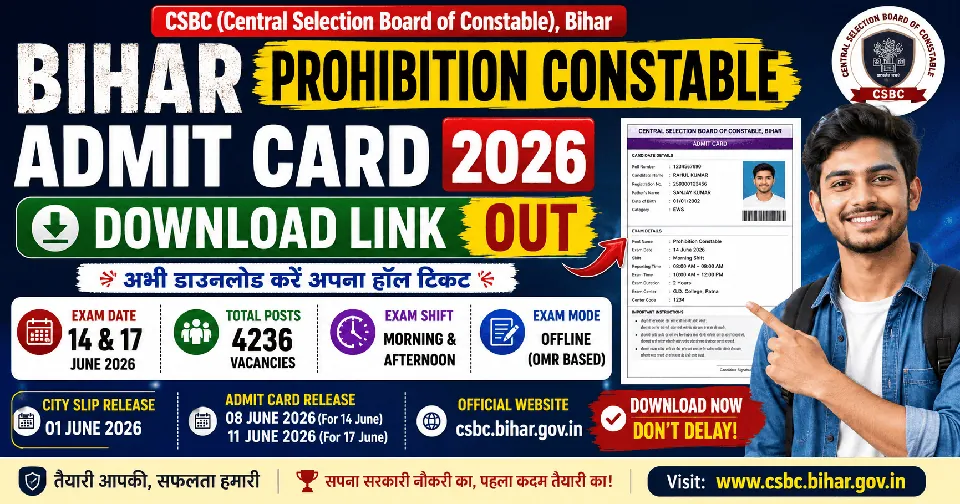 Bihar Prohibition Constable Admit Card 2026 Download Link (Out): CSBC Bihar Prohibition Sipahi Admit Card, Exam Date, City Intimation Slip, Hall Ticket Download