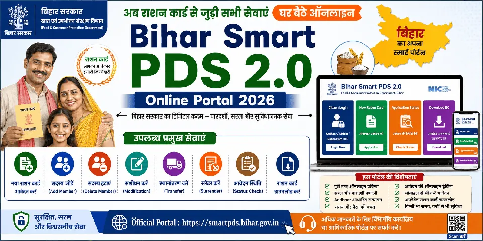 Bihar Smart PDS 2.0 Online Portal 2026: नया राशन कार्ड, सदस्य जोड़ें, नाम सुधारें, ट्रांसफर और सरेंडर की पूरी जानकारी