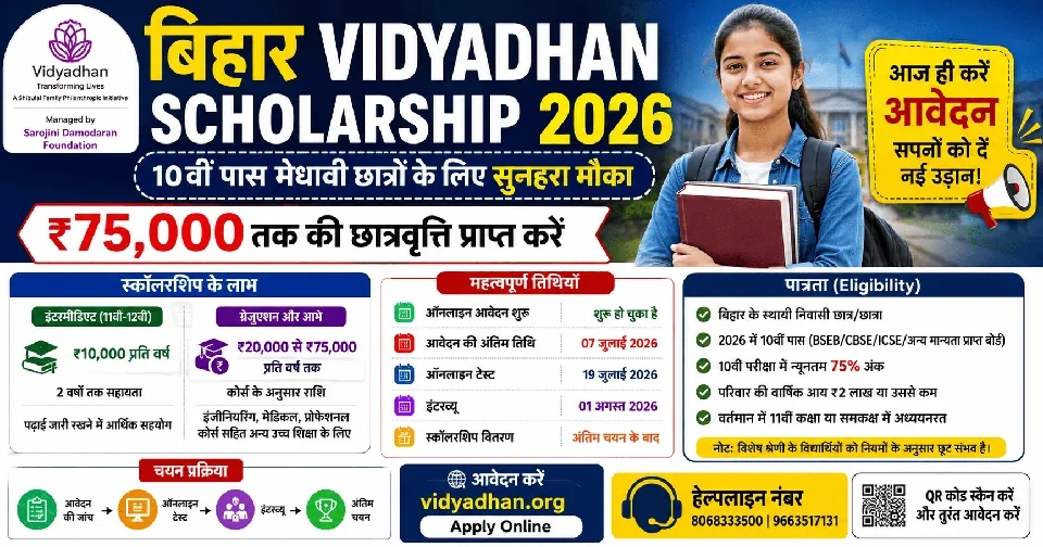 Bihar Vidyadhan Scholarship 2026: Up to ₹75,000 Scholarship for 10th Pass Students – Eligibility, Benefits, Selection Process and Apply Online