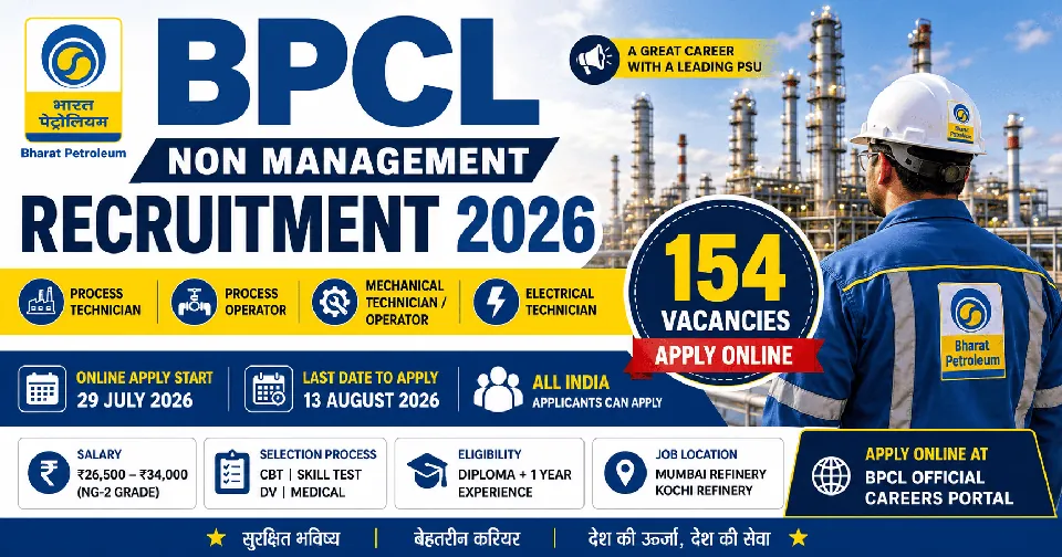 BPCL Non Management Recruitment 2026: 154 पदों पर भर्ती, आवेदन प्रक्रिया, पात्रता, वेतन और चयन प्रक्रिया की पूरी जानकारी