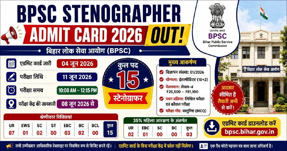 BPSC Stenographer Admit Card 2026 Out: परीक्षा 11 जून 2026, एडमिट कार्ड जारी, डाउनलोड लिंक, पात्रता, 15 पदों की पूरी जानकारी