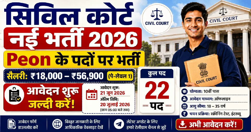 Civil Court Peon Bharti 2026: सिविल कोर्ट नई भर्ती 2026 Peon के पदों पर, सैलरी ₹18,000 – ₹56,900, आवेदन शुरू जानें पूरी जानकारी