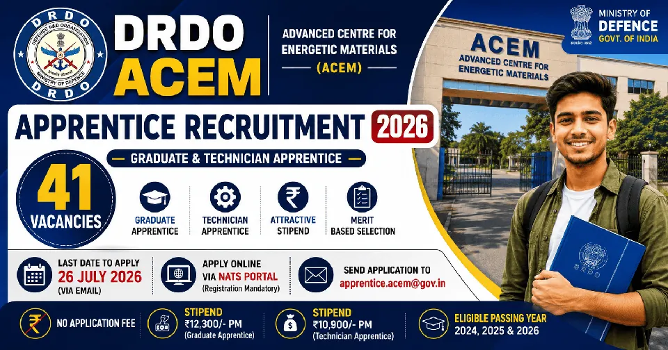 DRDO ACEM Apprentice Recruitment 2026: 41 Graduate एवं Technician Apprentice पदों पर भर्ती, आवेदन प्रक्रिया शुरू