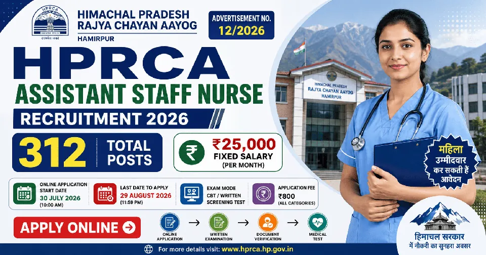 HPRCA Assistant Staff Nurse Recruitment 2026: 312 पदों पर भर्ती, योग्यता, आवेदन प्रक्रिया, सैलरी और पूरी जानकारी