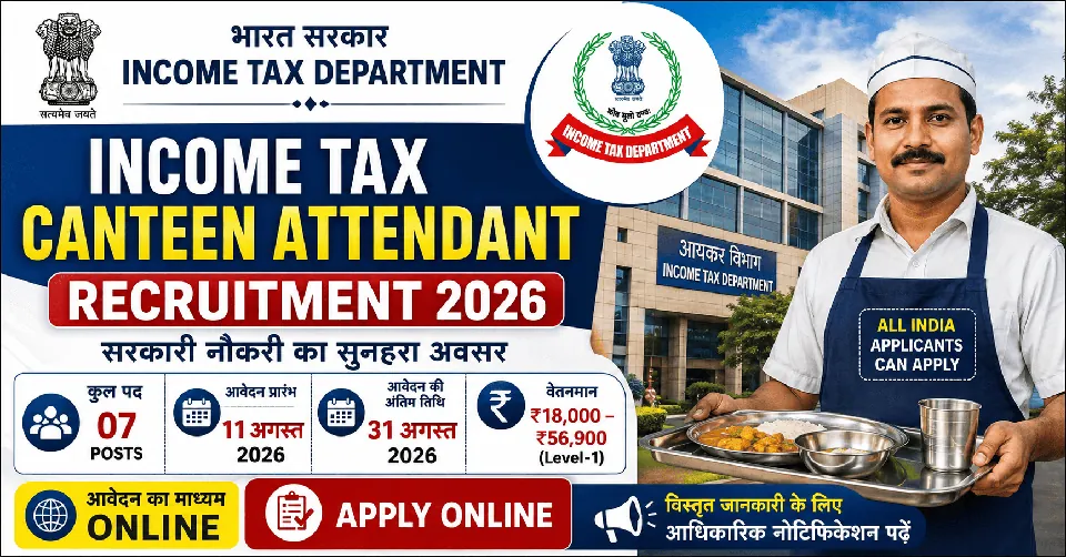 Income Tax Canteen Attendant Recruitment 2026: 7 पदों पर भर्ती, आवेदन प्रक्रिया, पात्रता, वेतन और चयन प्रक्रिया पूरी जानकारी