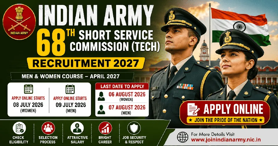 Indian Army 68th Short Service Commission Recruitment 2027: 68वें SSC (Tech) Men & Women Course के लिए ऑनलाइन आवेदन, पात्रता, तिथि, चयन प्रक्रिया व पूरी जानकारी