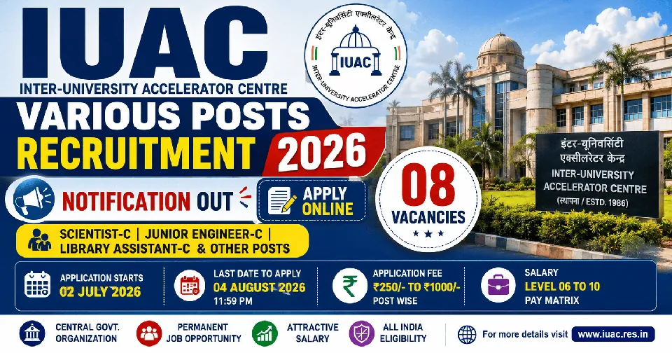 IUAC Various Posts Recruitment 2026: 8 पदों पर भर्ती का नोटिफिकेशन जारी, यहां जानें आवेदन प्रक्रिया, योग्यता, आयु सीमा और पूरी जानकारी