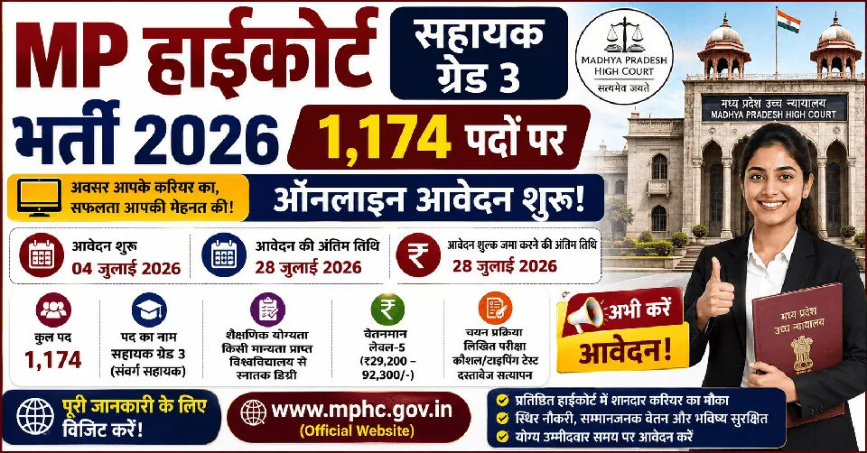 MP हाईकोर्ट सहायक ग्रेड 3 भर्ती 2026: 1,174 पदों पर आवेदन शुरू, पूरी जानकारी