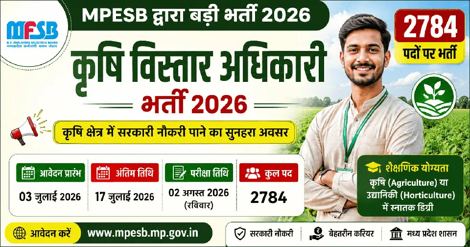 MP Krishi Vistar Adhikari Bharti 2026: 2784 पदों पर भर्ती, आवेदन प्रक्रिया शुरू, पात्रता, आयु सीमा और पूरी जानकारी