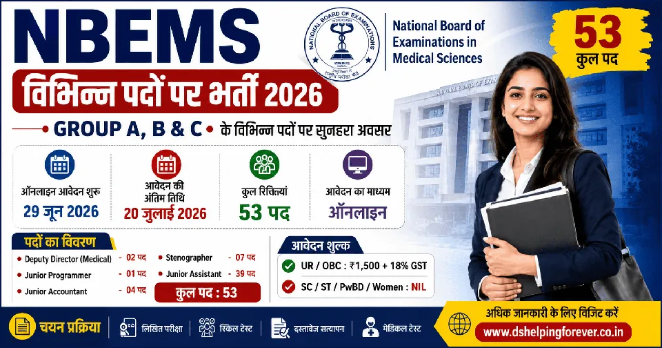NBEMS Various Posts Recruitment 2026: जूनियर असिस्टेंट, स्टेनोग्राफर एवं अन्य पदों पर भर्ती, नोटिफिकेशन जारी, योग्यता, आयु सीमा और आवेदन प्रक्रिया