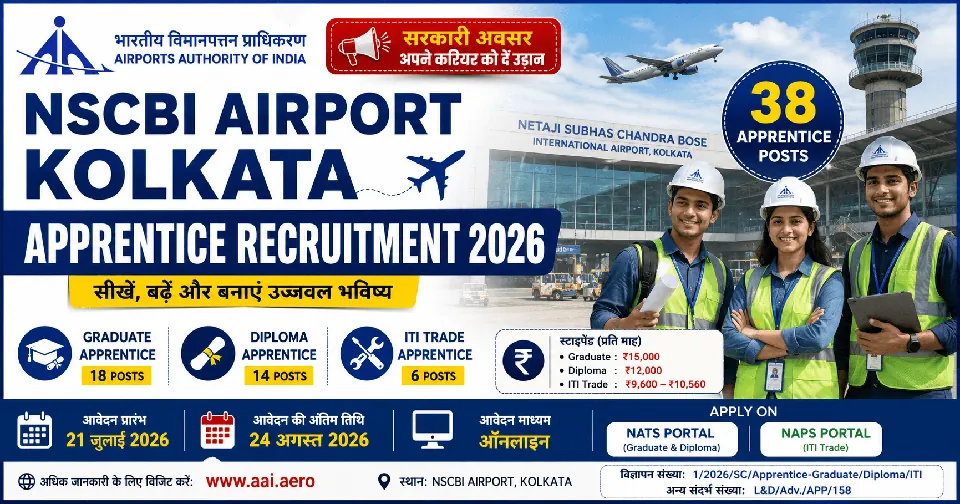 NSCBI Airport Kolkata Apprentice Recruitment 2026: 38 पदों पर अप्रेंटिस भर्ती, योग्यता, स्टाइपेंड, चयन प्रक्रिया और आवेदन की पूरी जानकारी