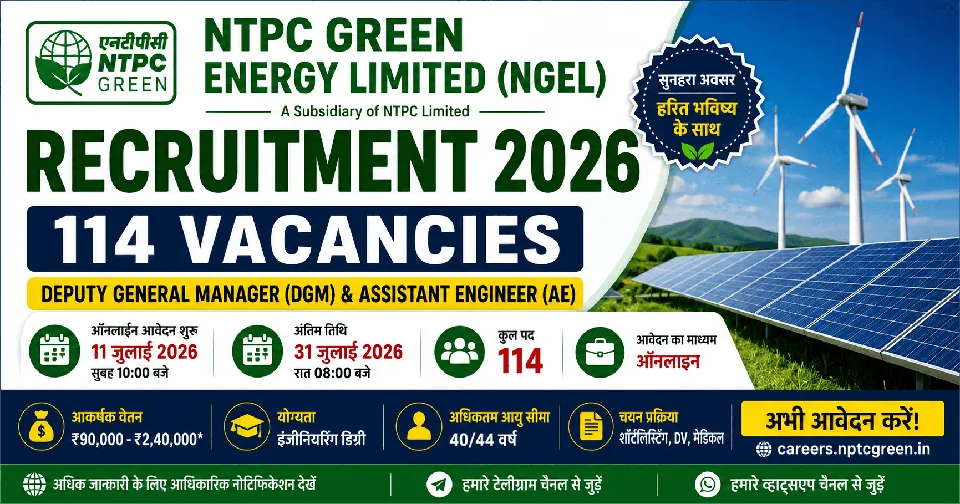 NTPC Green Energy Limited Recruitment 2026: 114 पदों पर भर्ती, ऑनलाइन आवेदन, योग्यता, आयु सीमा और पूरी जानकारी