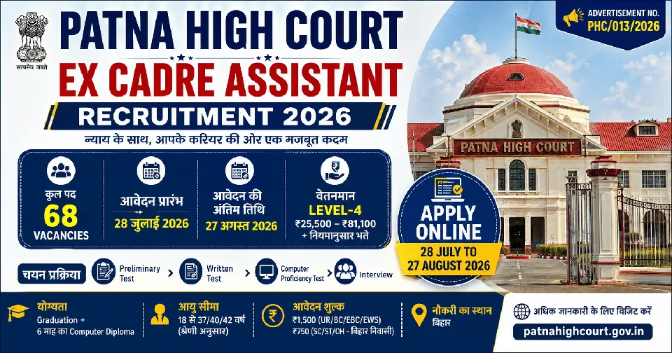 Patna High Court Ex Cadre Assistant Recruitment 2026: 68 पदों पर भर्ती, पात्रता, आवेदन प्रक्रिया, चयन प्रक्रिया और पूरी जानकारी