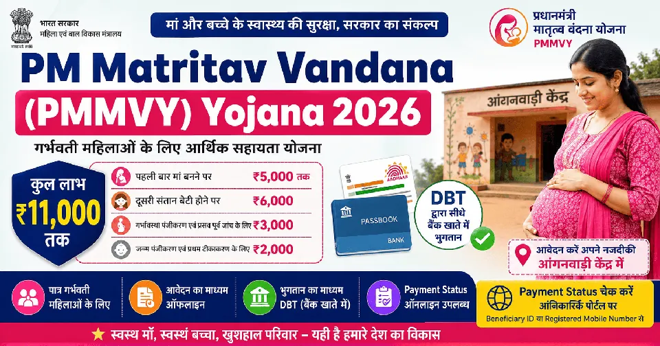 PM Matritav Vandana (PMMVY) Yojana 2026: पात्रता, ₹11,000 तक लाभ, आवेदन प्रक्रिया, जरूरी दस्तावेज और भुगतान स्टेटस