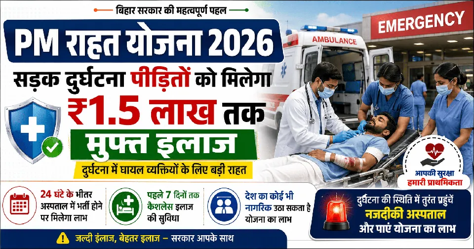 PM Rahat Yojana 2026: सड़क दुर्घटना पीड़ितों को मिलेगा ₹1.5 लाख तक का मुफ्त इलाज, जानें पूरी योजना