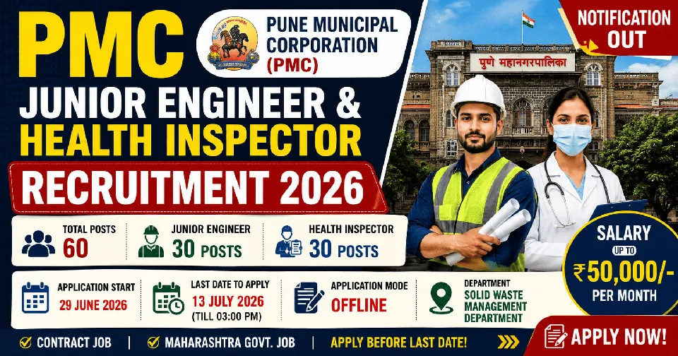 PMC Junior Engineer & Health Inspector Recruitment 2026: 60 पदों पर भर्ती, पात्रता, आयु सीमा, चयन प्रक्रिया और पूरी जानकारी
