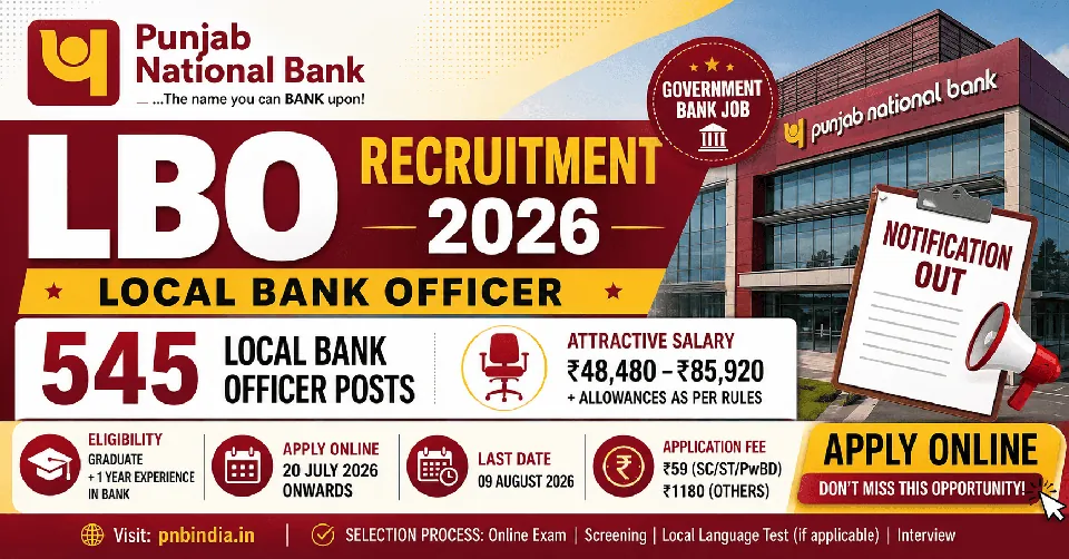 Punjab National Bank LBO Vacancy 2026: 545 लोकल बैंक ऑफिसर पदों पर भर्ती, जानें योग्यता, चयन प्रक्रिया और आवेदन की पूरी जानकारी