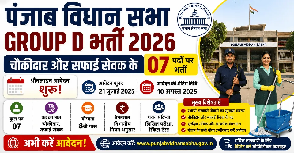 Punjab Vidhan Sabha Group D भर्ती 2026: चौकीदार और सफाई सेवक के 07 पदों पर ऑनलाइन आवेदन शुरू