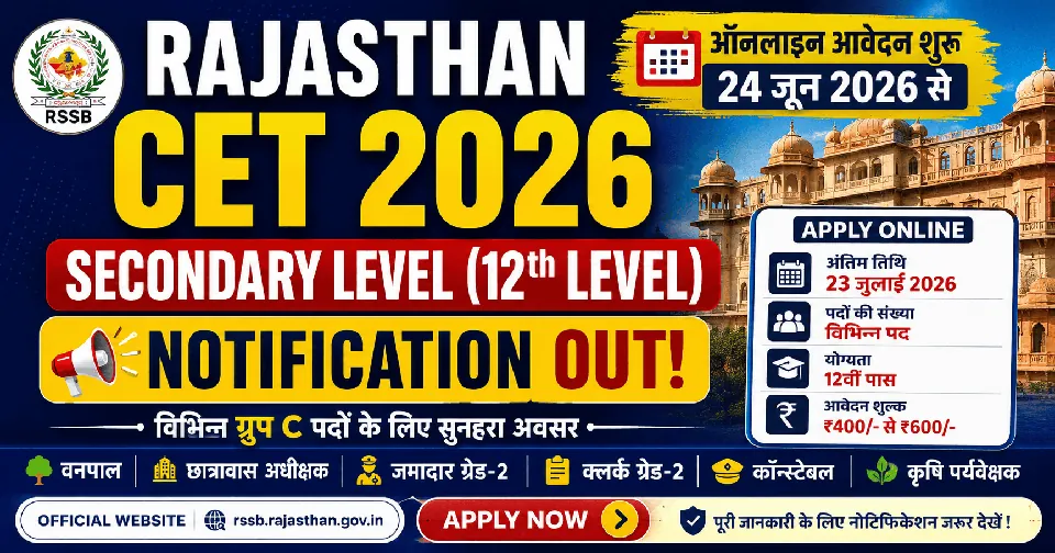 Rajasthan CET Online Form 2026: Secondary Level Recruitment 2026, Notification Out, Apply Online for Various Group C Posts