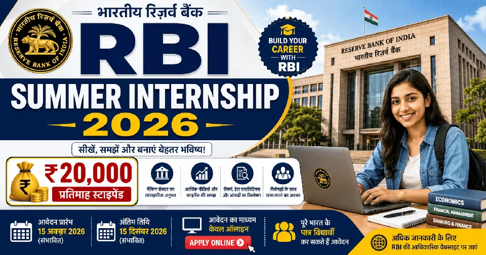 RBI Summer Internship Online Form 2026: ₹20,000 प्रतिमाह स्टाइपेंड, पात्रता, आवेदन तिथि और पूरी जानकारी