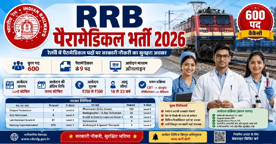 RRB Paramedical Recruitment 2026: रेलवे में 600 पैरामेडिकल पदों पर भर्ती, नर्सिंग सुपरिटेंडेंट, फार्मासिस्ट, लैब असिस्टेंट समेत कई पदों के लिए आवेदन जल्द