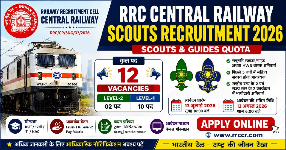 RRC Central Railway Scouts Recruitment 2026: 12 स्काउट्स एवं गाइड्स कोटा पदों पर भर्ती, आवेदन 13 जुलाई से शुरू