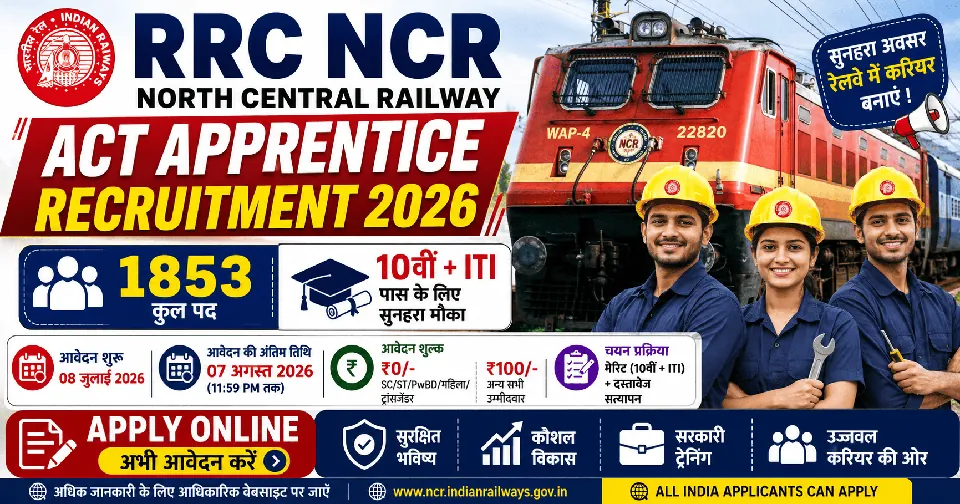 RRC NCR Act Apprentice Recruitment 2026: 1853 पदों पर निकली अप्रेंटिस भर्ती, आवेदन प्रक्रिया शुरू