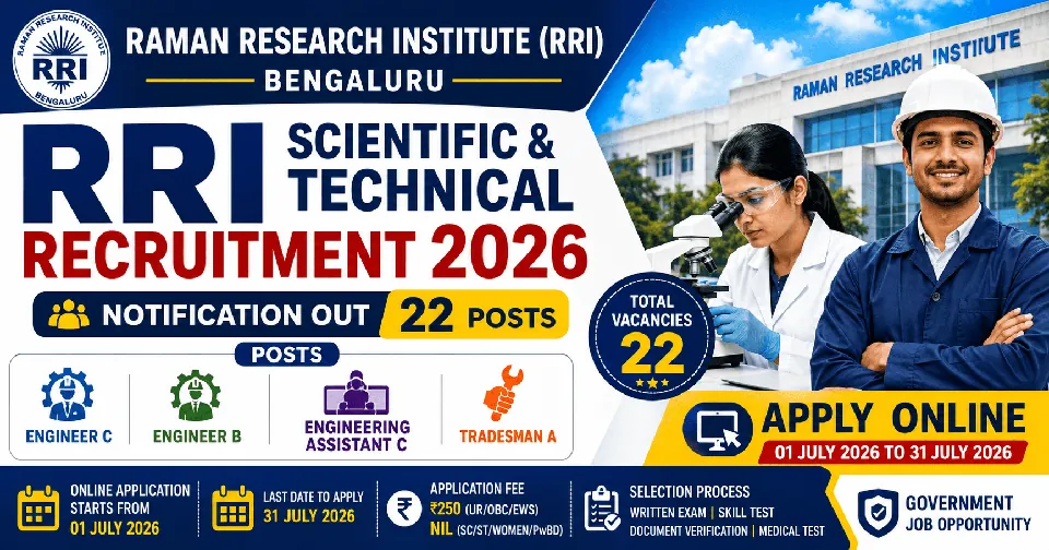 RRI Scientific & Technical Recruitment 2026: 22 पदों पर भर्ती, आवेदन प्रक्रिया शुरू, पात्रता, चयन प्रक्रिया और पूरी जानकारी