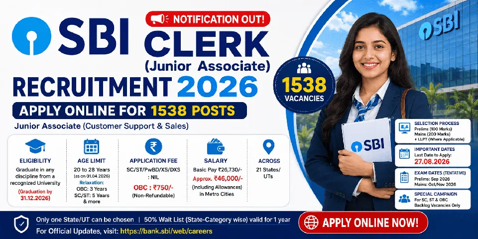 SBI जूनियर एसोसिएट भर्ती 2026: 1538 पदों पर आवेदन शुरू