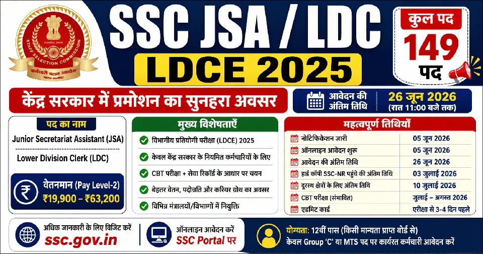 SSC JSA / LDC LDCE 2025 Recruitment 2025: 149 पदों पर निकली विभागीय भर्ती, जानें योग्यता, आवेदन तिथि और चयन प्रक्रिया