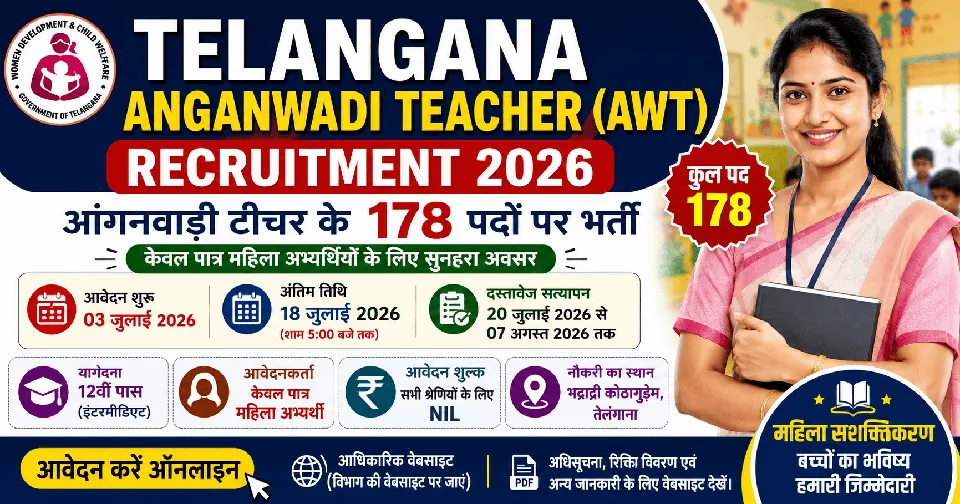 Telangana Anganwadi Teacher (AWT) Recruitment 2026: 178 पदों पर आवेदन शुरू, 12वीं पास महिला अभ्यर्थियों के लिए बड़ा मौका