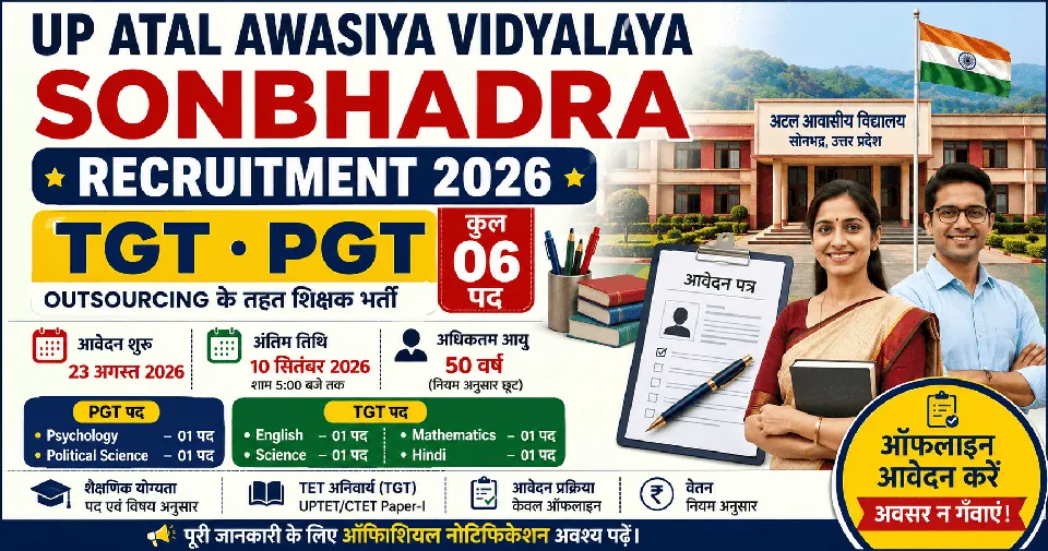 UP Atal Awasiya Vidyalaya Sonbhadra Outsourcing Recruitment 2026: TGT, PGT के 06 पदों के लिए आवेदन