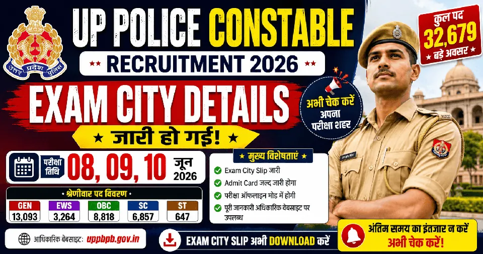UP Police Constable Exam City Details 2026 Out: 32,679 पदों की भर्ती परीक्षा शहर जारी, ऐसे करें चेक